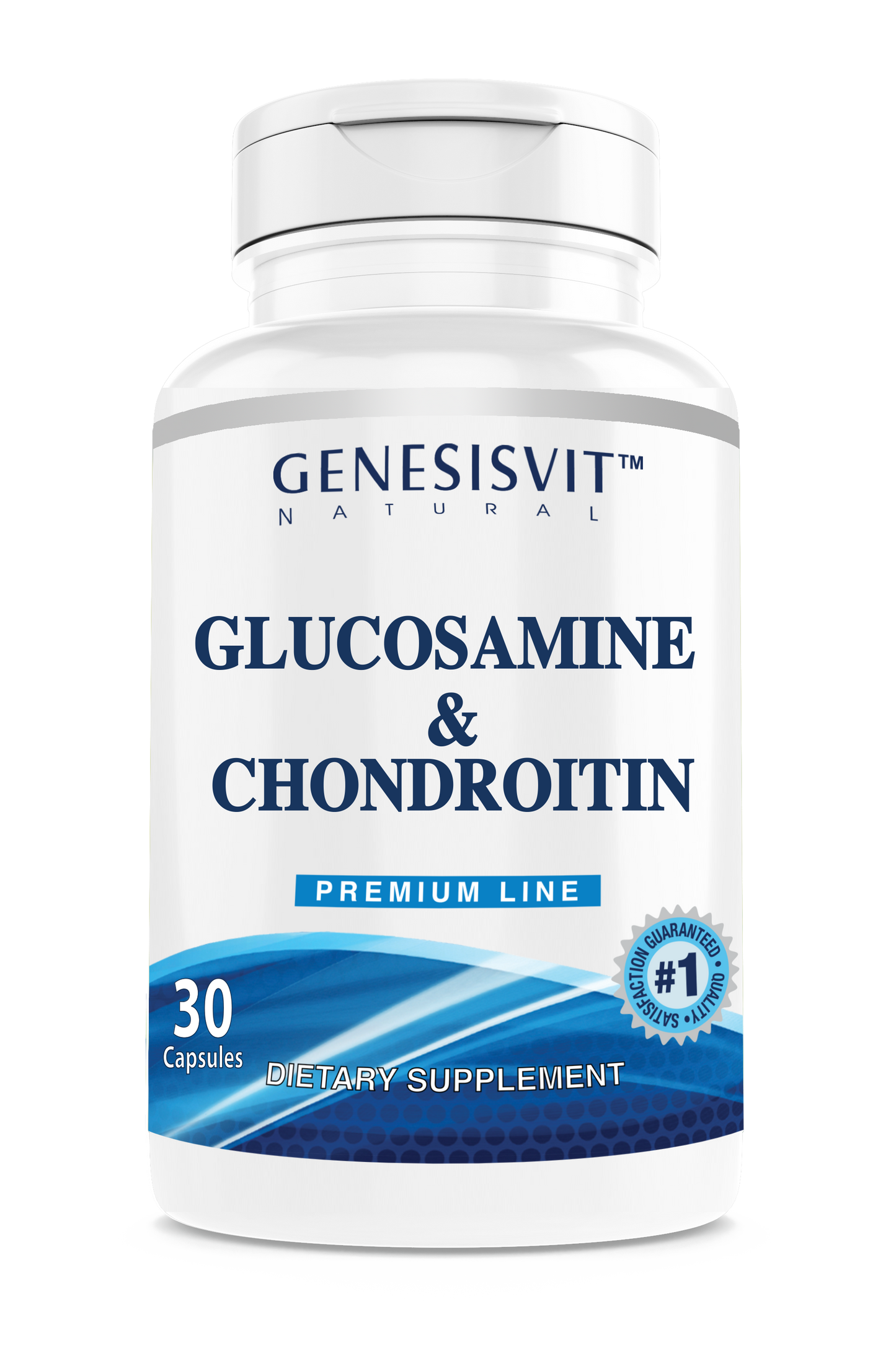 The white Alfa Vitamins bottle labeled Genesisvit® Glucosamine & Chondroitin Premium Line contains 30 capsules designed for joint support, featuring a blue and silver design with a #1 guarantee badge prominently displayed.