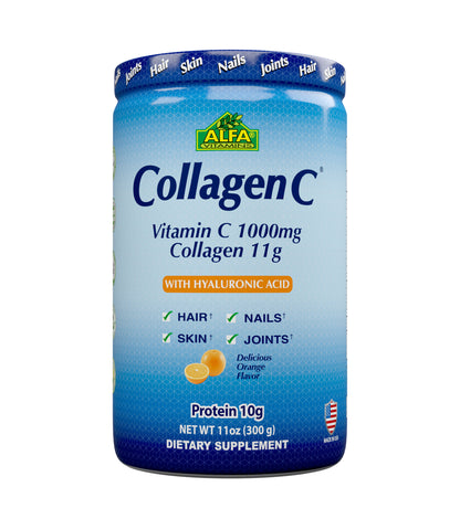 Alfa Vitamins CollagenC Peptides Hydrolysate Powder (11 Oz) promotes hair, skin, nail, and joint health with 11g of collagen peptides and vitamin C 1000mg. Its delicious orange flavor offers a protein boost of 10g. Enjoy skin rejuvenation and joint support from this USA-made supplement.