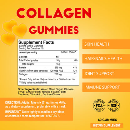 Collagen Gummies offer skin, hair, nail, joint, and immune benefits with Fish Collagen. Each bottle contains 60 gummies, a daily serving of 6. Featuring FDA and NSF logos, store them between 59-86°F for freshness.