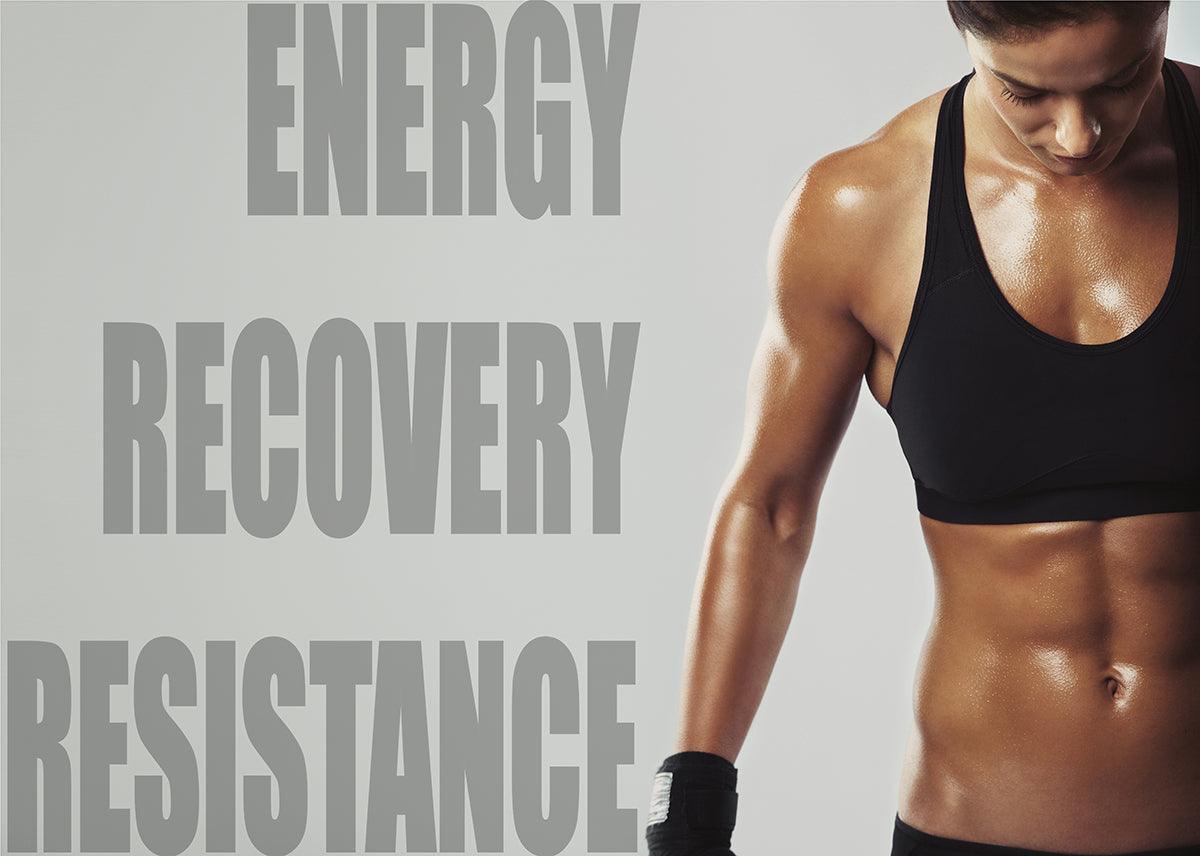 Fitness lifestyle graphic with a person in workout attire and the words Energy, Recovery and Resistance.