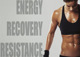 Fitness lifestyle graphic with a person in workout attire and the words Energy, Recovery and Resistance.