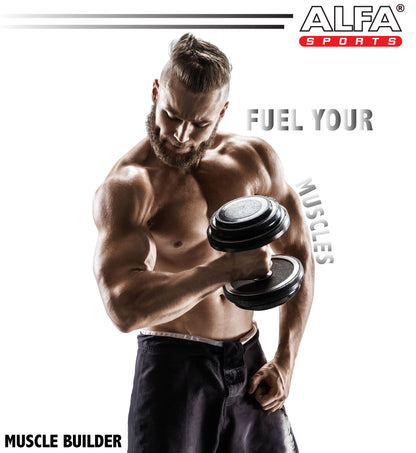 A bearded man lifts a dumbbell against a white background, highlighting muscle growth. Alfa Vitamins appears top-right, and Fuel Your Muscles is diagonal. The bottom-left text reads Maximum L-Glutamine 1000 mg - 100 capsules, emphasizing the role of L-Glutamine in building muscle.