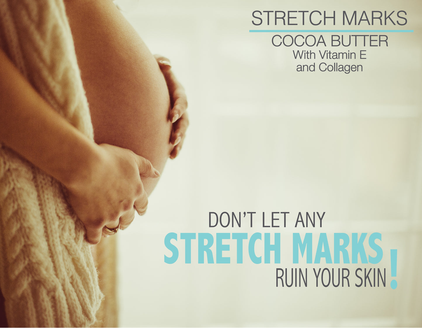 A pregnant person gently holds their belly, showcasing Alfa Vitamins Stretch Marks Cream with Cocoa Butter - 16 oz, enriched with vitamin E and collagen to moisturize and reduce stretch marks naturally. Embrace your skin without worrying about imperfections.