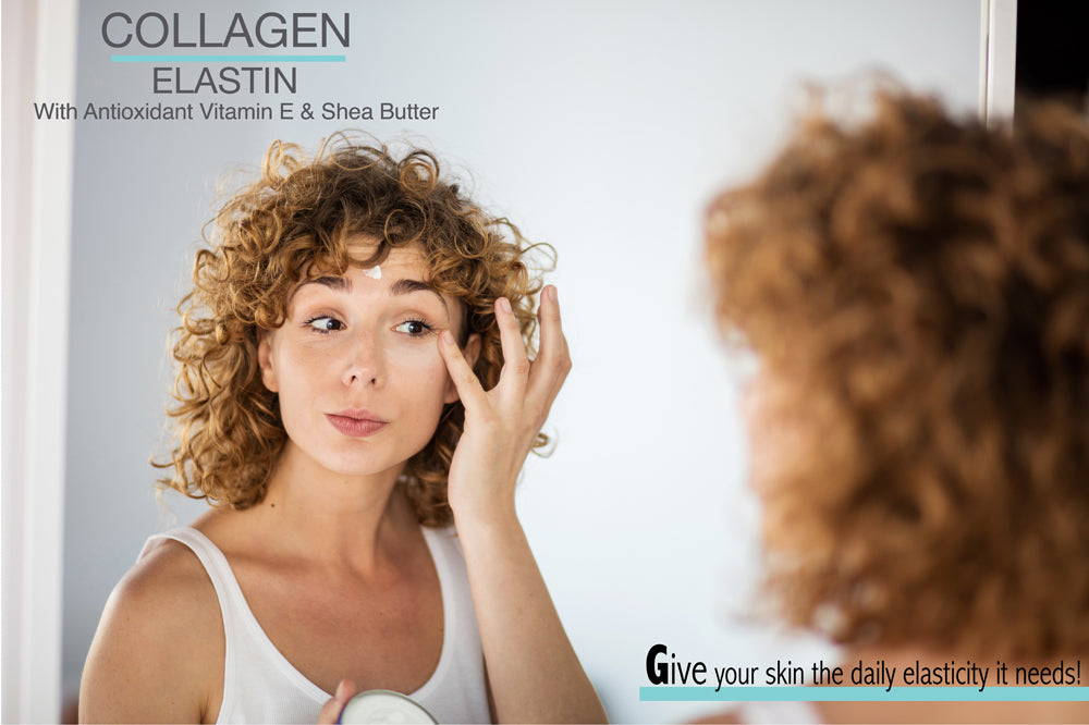 A woman uses Alfa Vitamins Collagen Elastin Cream - 4 oz to enhance youthful skin with antioxidant Vitamin E and Shea Butter, ensuring daily elasticity.