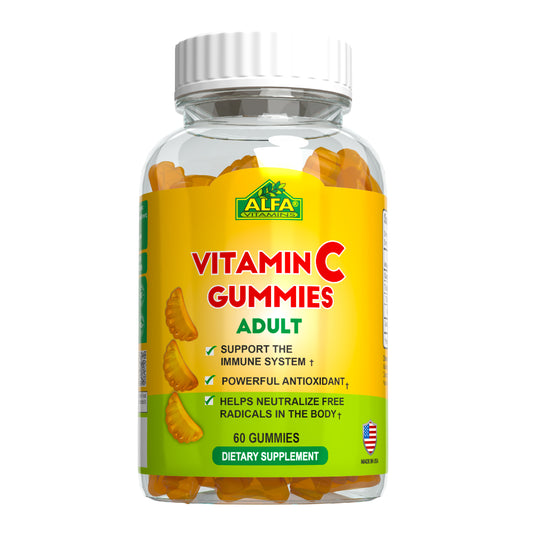 A clear plastic bottle labeled Vitamin C Gummies for Adults by Alfa Vitamins highlights the immune and antioxidant benefits of vitamin C. Featuring a USA flag in the bottom right corner, it contains 60 gummies for optimal health.