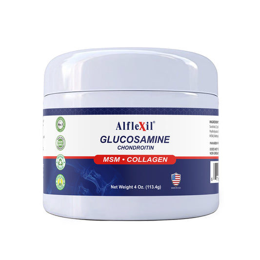 Alfa Vitamins ALFLEXIL® Glucosamine + Chondroitin Cream for joint support comes in a white plastic container featuring green certification icons and a USA flag. Net weight: 4 oz (113.4g).