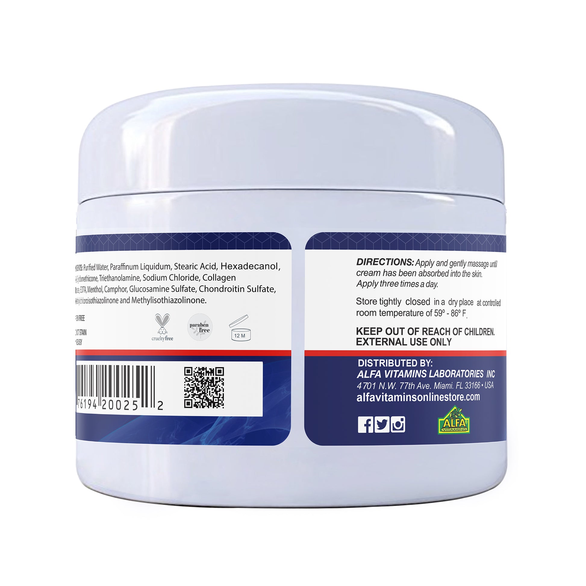 A white jar labeled with ingredients and directions for use states: Apply and gently massage on the desired area for joint support. It features a barcode, the Alfa Vitamins logo, and a caution to keep out of reach of children. This is ALFLEXIL® Glucosamine + Chondroitin Cream Healthy Joints - 4 oz.
