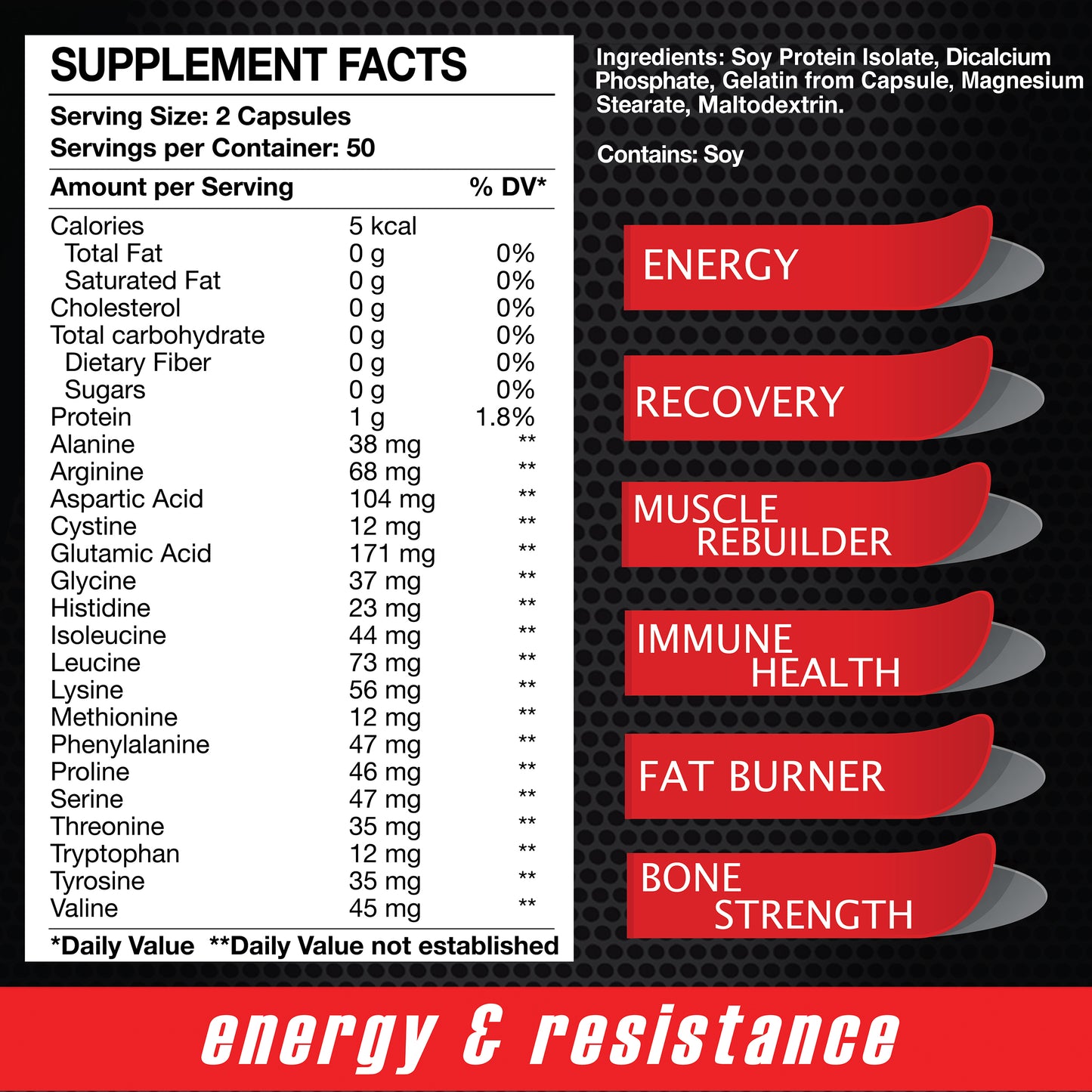 Alfa Vitamins Maximum Amino (100 capsules) offers a supplement facts label with nutritional details such as calorie count, protein type, and soy-based amino acids. Benefits cover energy boost, recovery, muscle rebuilding via protein synthesis, immune support, fat burning, and bone strengthening.