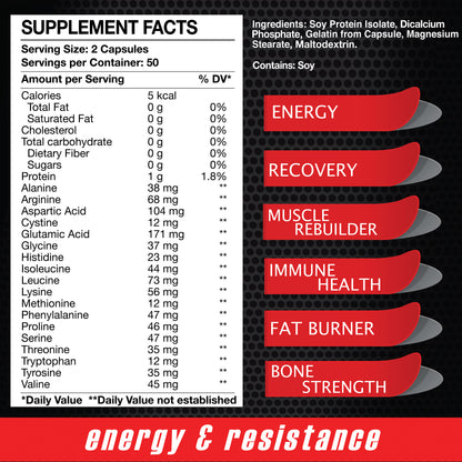 Alfa Vitamins Maximum Amino (100 capsules) offers a supplement facts label with nutritional details such as calorie count, protein type, and soy-based amino acids. Benefits cover energy boost, recovery, muscle rebuilding via protein synthesis, immune support, fat burning, and bone strengthening.