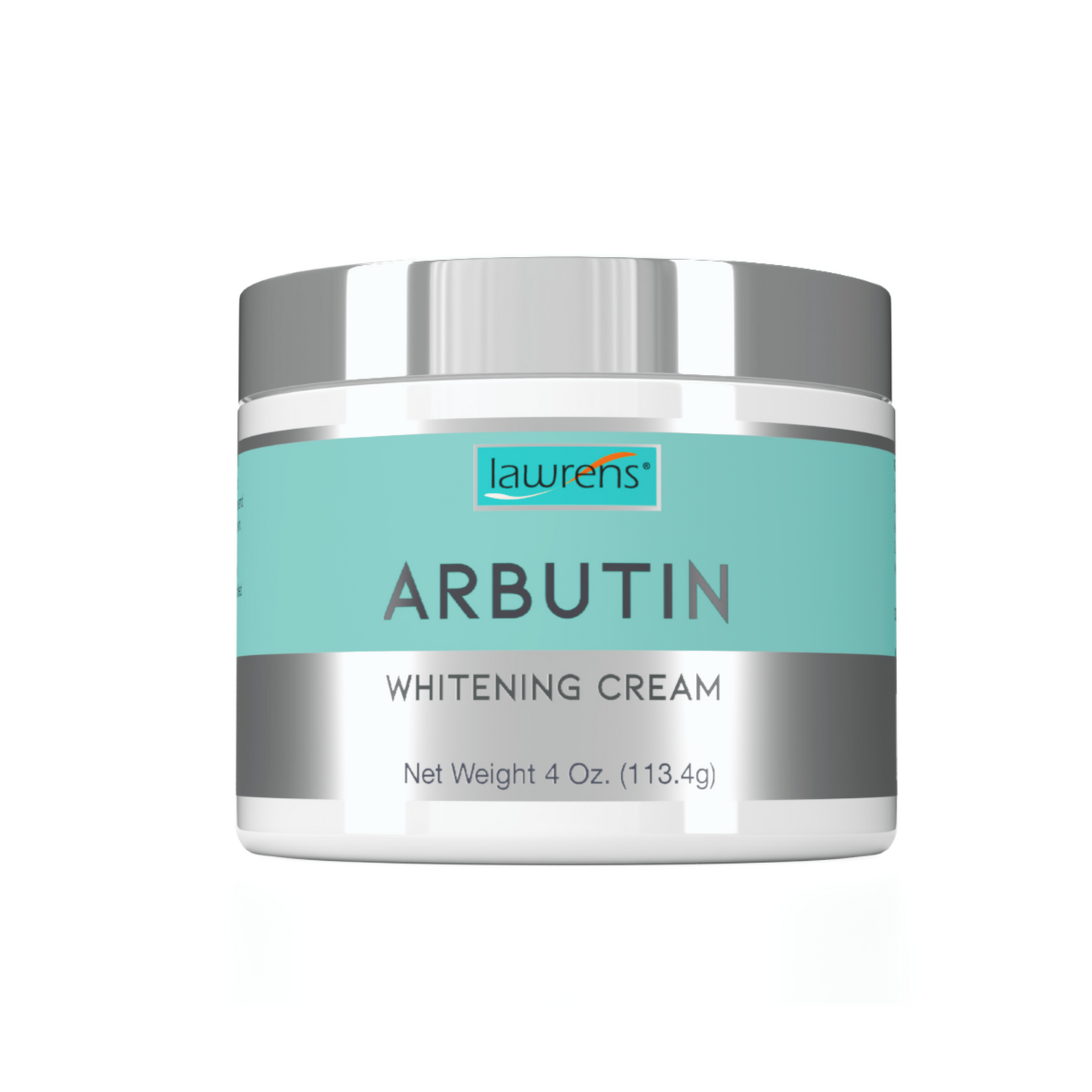 A jar of Arbutin Cream by Lawrens Cosmetics from Alfa Vitamins Store features a silver lid and turquoise label with the product name and a net weight of 4 oz (113.4g).