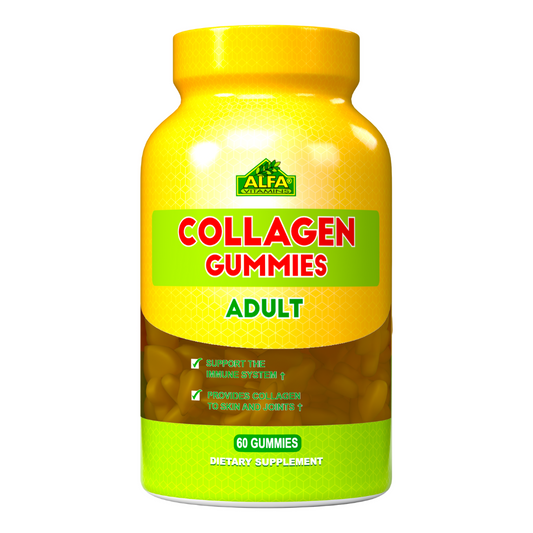 Collagen Gummies by Alfa Vitamins Store, in a yellow bottle of 60 gummies, are enriched with Fish Collagen to support the immune system and rejuvenate skin and joints, ideal for adults seeking wellness benefits.