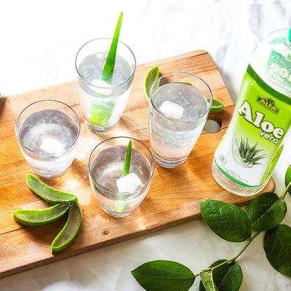 Four glasses of Alfa Vitamins Aloe Vera Drink-Original with ice cubes sit on a wooden board, embodying this superfood elixir. Fresh aloe slices are scattered around, while a Aloe Vera bottle stands nearby, offering digestive support against a lush backdrop of vibrant green leaves.