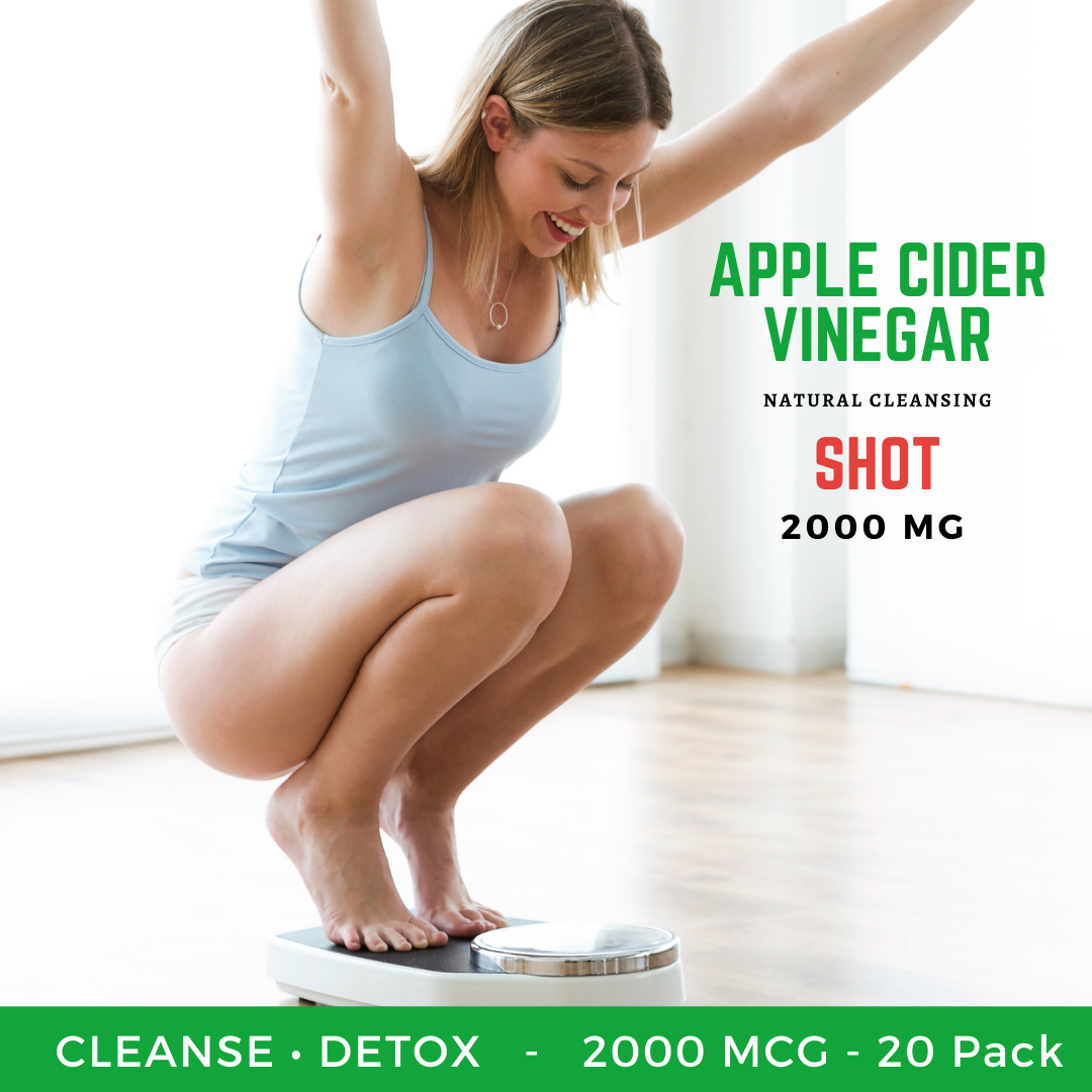 A woman, smiling in a light-colored tank top and shorts, squats on a scale with arms raised. The image promotes the Alfa Vitamins Store Apple Cider Vinegar Shot 2000 MG - 20 Pack as a natural cleanse and detox booster for your dietary supplements routine, highlighted in green text.