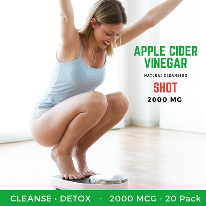 A woman, smiling in a light-colored tank top and shorts, squats on a scale with arms raised. The image promotes the Alfa Vitamins Store Apple Cider Vinegar Shot 2000 MG - 20 Pack as a natural cleanse and detox booster for your dietary supplements routine, highlighted in green text.