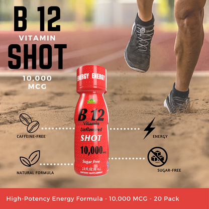 An image of an Alfa Vitamins B12 Vitamin Shot bottle, labeled 10,000 MCG, highlights its caffeine-free, sugar-free, natural formula for energy production. A runner is in the background. Text notes High-Potency Energy Formula - 20 Pack to support cognitive function and vitality.