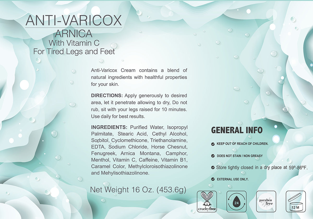 A photo of Lawrens Cosmetics Anti-Varicox Cream packaging by Alfa Vitamins Store, featuring ingredients such as Arnica and Vitamin C. Directions for use and storage instructions are provided. The product is cruelty-free and available in a 16 oz (453.6g) container.