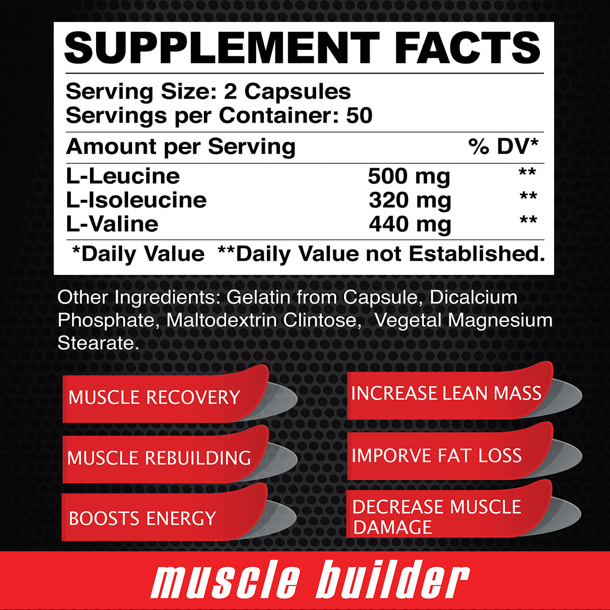 Maximum BCAA by Alfa Vitamins offers a supplement facts label detailing amounts of L-Leucine, L-Isoleucine, and L-Valine per serving. Benefits include enhanced recovery, increased lean mass, improved fat loss, boosted energy, and effective muscle maintenance in 100 capsules.