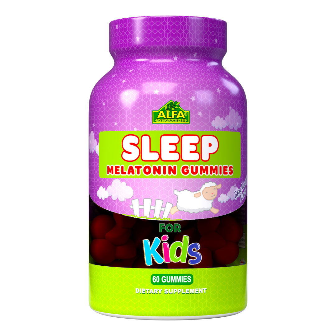 A bottle of Alfa Vitamins KIDS Melatonin Gummies with 2.5MG offers a gentle sleep remedy for kids, featuring a purple label with playful sheep and bold red, yellow, and green text. This non-habit-forming supplement contains 60 gummies to support restful nights.