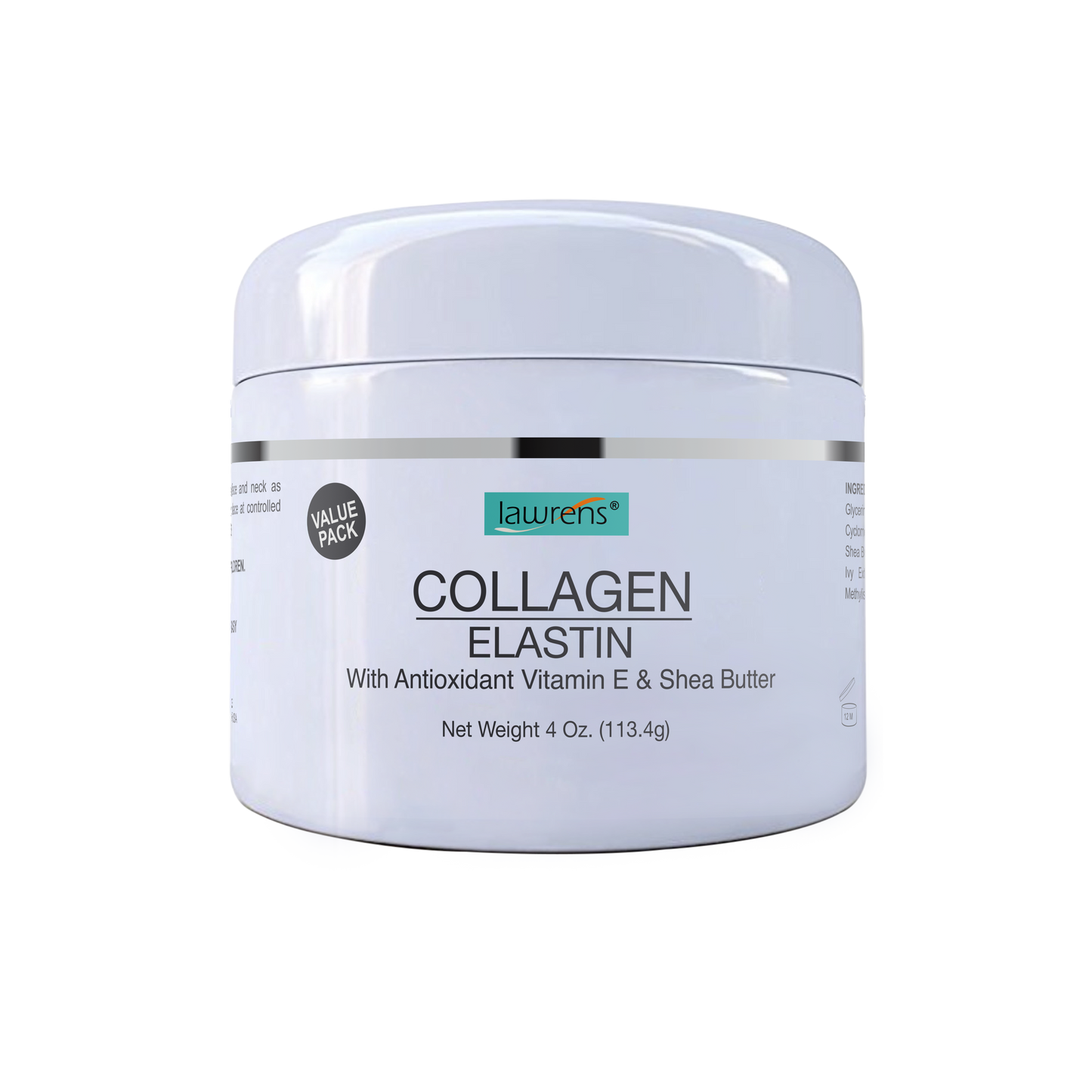 A white jar labeled Collagen Elastin Cream - 4 oz Twin Pack by Alfa Vitamins combines elastin with antioxidant vitamin E and nourishing shea butter. The label features a Value Pack symbol, highlighting its promising blend for revitalized skin.