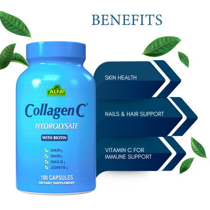 A blue CollagenC Hydrolysate - Biotin - 180 Capsules bottle by Alfa Vitamins is adorned with vibrant graphics promoting skin, nail, and hair support plus immune-boosting Vitamin C. Green leaves are scattered around, enhancing the products natural appeal.