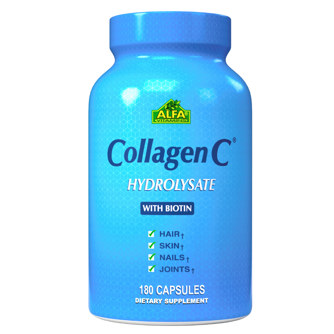 Alfa Vitamins offers a stylish blue bottle of CollagenC Hydrolysate with Vitamin C and Biotin, containing 180 capsules that support hair, skin, nails, and joints.