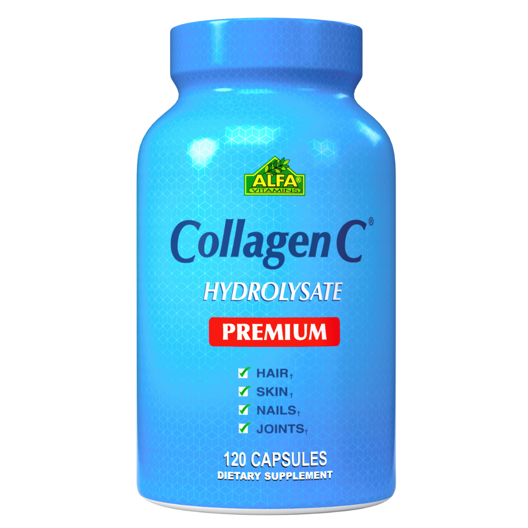 A blue bottle labeled CollagenC Hydrolysate with Biotin - PREMIUM FORMULA from Alfa Vitamins contains 120 capsules with Vitamin C, benefiting hair, skin, nails, and joints.