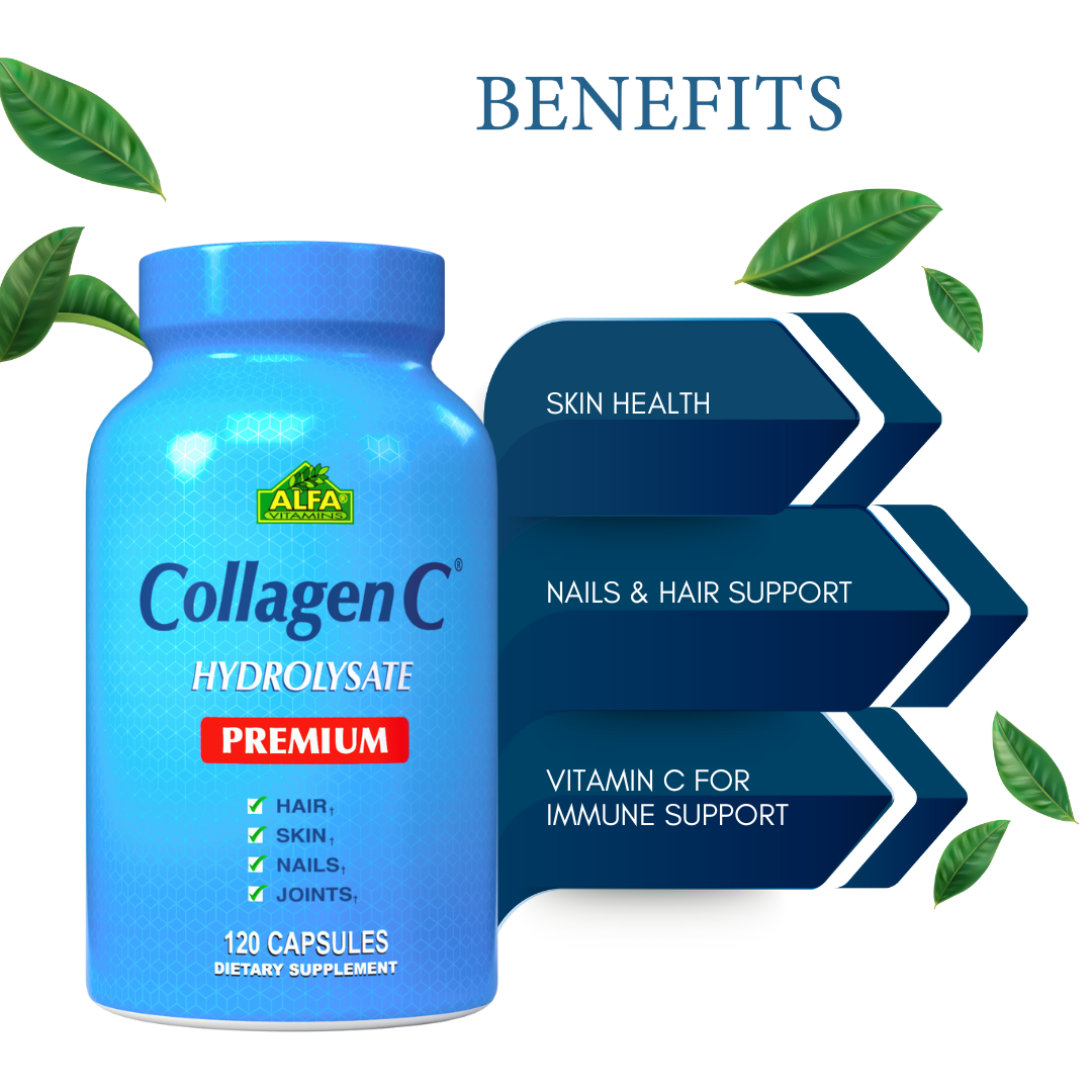 A blue bottle of Alfa Vitamins CollagenC Hydrolysate with Biotin - PREMIUM FORMULA is shown with checkmarks for hair, skin, nails, and joints. Benefits include Skin Health, Nails & Hair Support, plus Biotin & Vitamin C for Immune Support. Green leaves decorate the scene.