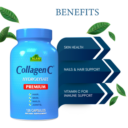 A blue bottle of Alfa Vitamins CollagenC Hydrolysate with Biotin - PREMIUM FORMULA is shown with checkmarks for hair, skin, nails, and joints. Benefits include Skin Health, Nails & Hair Support, plus Biotin & Vitamin C for Immune Support. Green leaves decorate the scene.