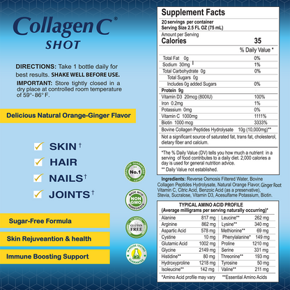 The CollagenC Shot - Skin Glow by Alfa Vitamins Store is a sugar-free, natural orange-ginger flavored supplement that boosts skin elasticity, hair, nails, and joints with biotin. It includes instructions, collagen shots details, key ingredients, and an amino acid profile. Comes in a 20 pack of 2.4oz bottles.