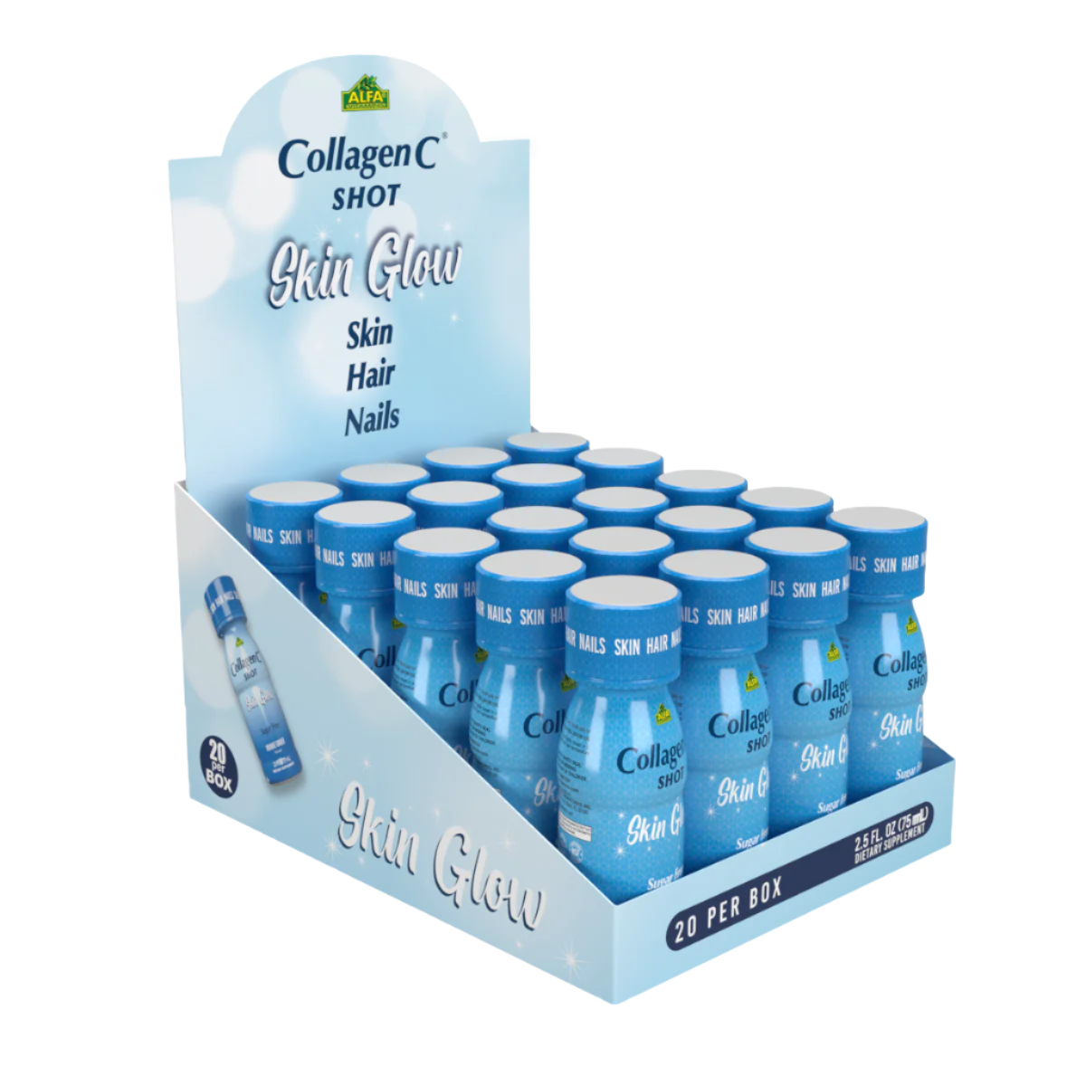 The Alfa Vitamins Stores CollagenC Shot features a Skin Glow display box with 20 small, 2.4oz light blue bottles. Each is infused with collagen, promising benefits for skin elasticity, hair, and nails.