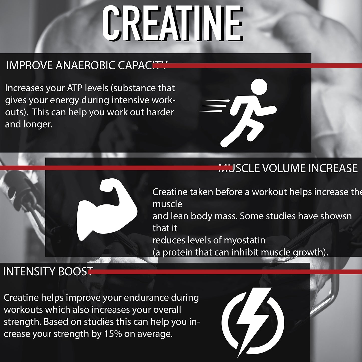 Improve anaerobic capacity - Muscle Volume Increase - Intensity Boost - Increase your atp levels (substance that   gives your energy during intensive work outs - this can help you work out harder and longer