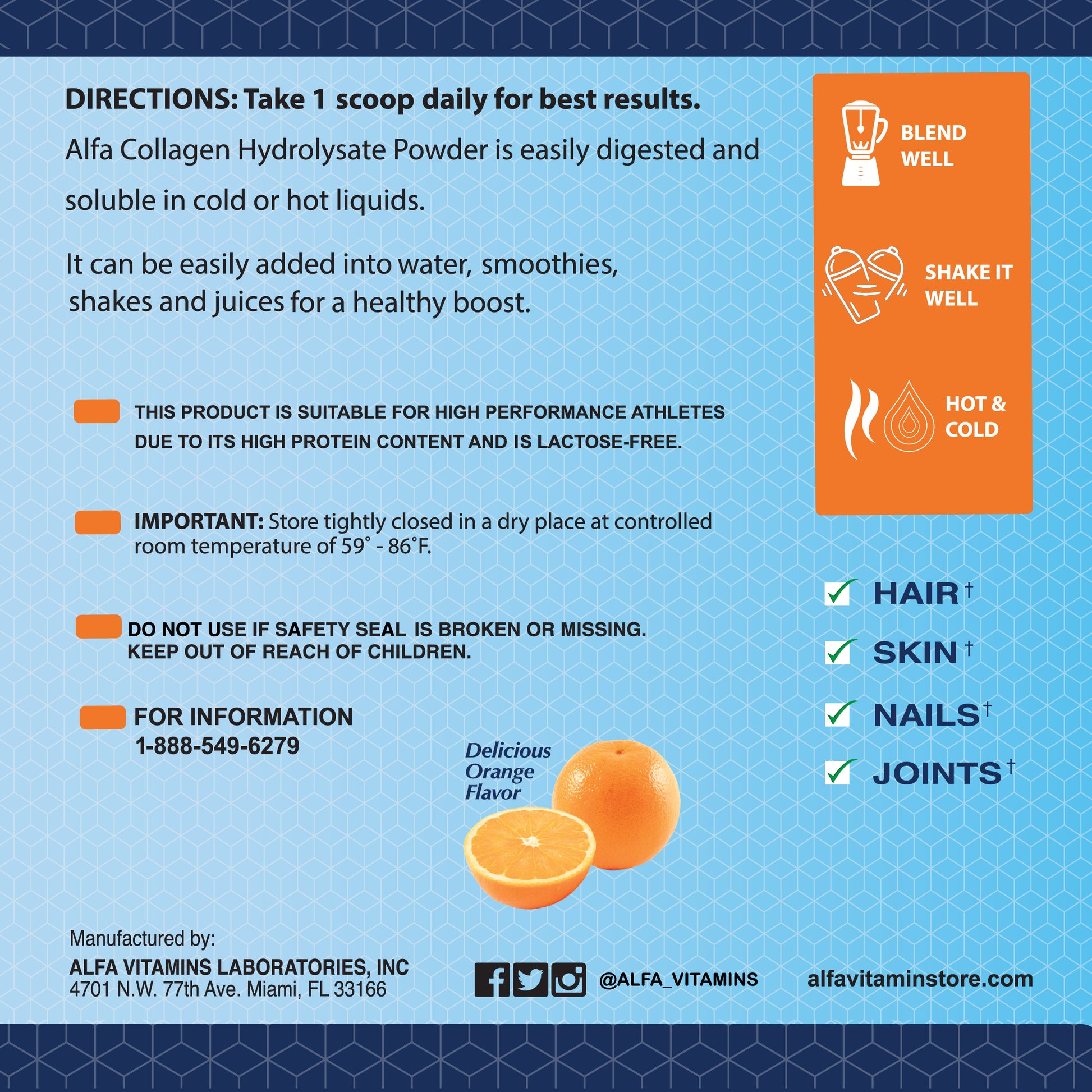 The label for CollagenC Peptides Hydrolysate by Alfa Vitamins highlights benefits like skin rejuvenation and joint mobility, offers usage instructions for hot or cold drinks, emphasizes safety and storage tips, and features a Delicious Orange flavor.