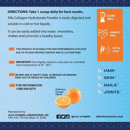 The label for CollagenC Peptides Hydrolysate by Alfa Vitamins highlights benefits like skin rejuvenation and joint mobility, offers usage instructions for hot or cold drinks, emphasizes safety and storage tips, and features a Delicious Orange flavor.