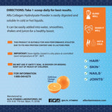 CollagenC directions panel showing one-scoop use, mixing instructions, and storage information.