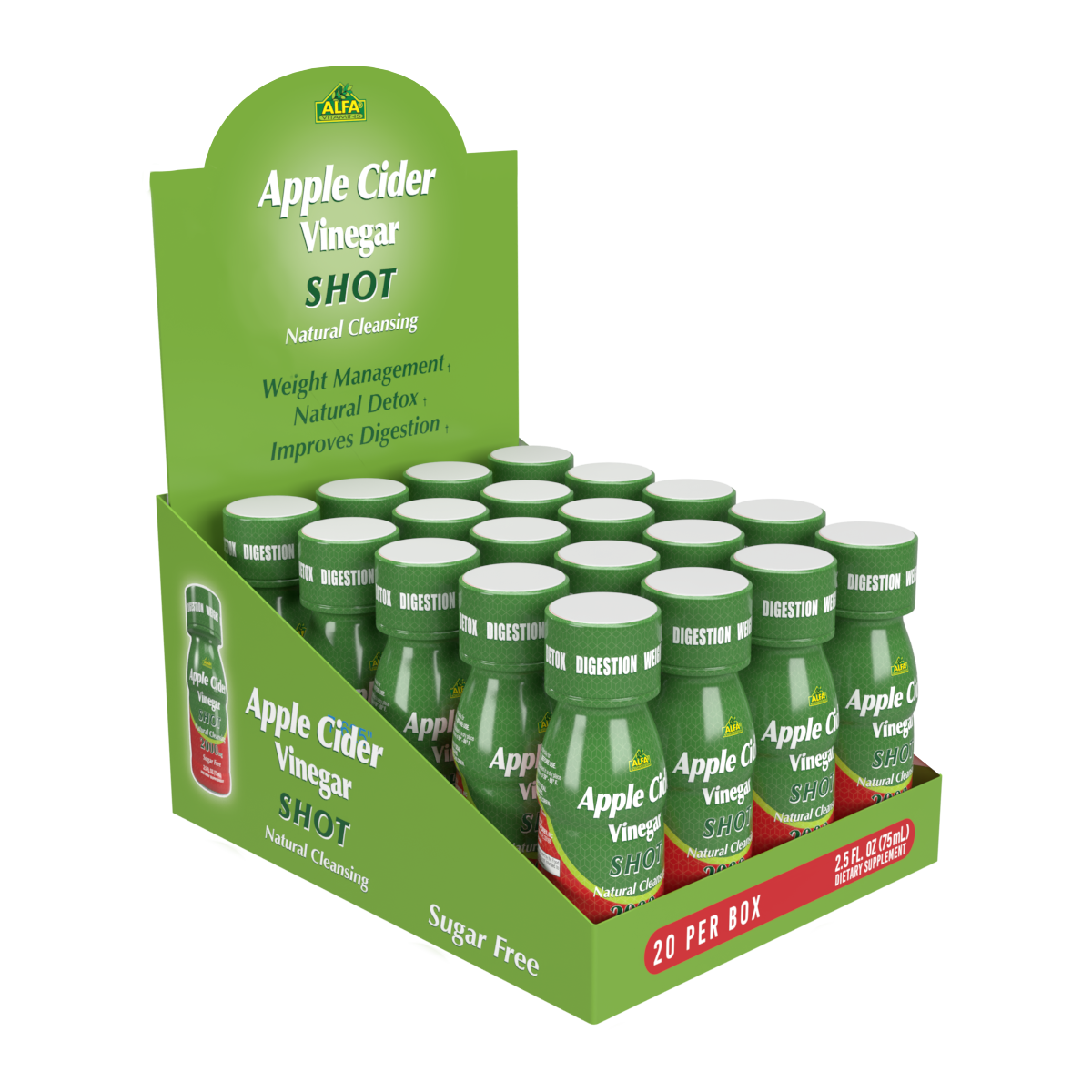 A box of 20 Apple Cider Vinegar Shot 2000 MG bottles by Alfa Vitamins Store, ideal for health enthusiasts, highlights benefits like weight management, natural detox, and digestion support. Each Sugar Free bottle complements dietary supplements perfectly.