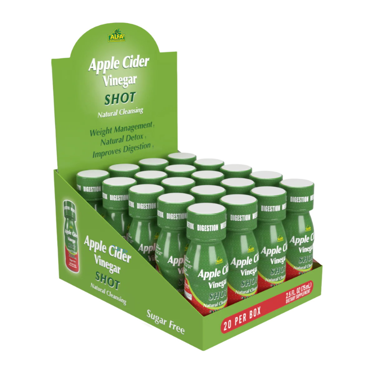 A box of 20 Apple Cider Vinegar Shot 2000 MG bottles by Alfa Vitamins Store, ideal for health enthusiasts, highlights benefits like weight management, natural detox, and digestion support. Each Sugar Free bottle complements dietary supplements perfectly.