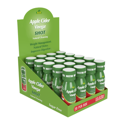 A box of 20 Apple Cider Vinegar Shot 2000 MG bottles by Alfa Vitamins Store, ideal for health enthusiasts, highlights benefits like weight management, natural detox, and digestion support. Each Sugar Free bottle complements dietary supplements perfectly.