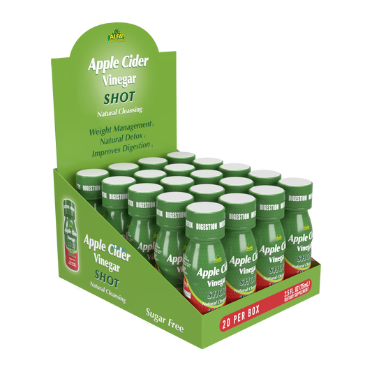 A box of 20 Apple Cider Vinegar Shot 2000 MG bottles by Alfa Vitamins Store, ideal for health enthusiasts, highlights benefits like weight management, natural detox, and digestion support. Each Sugar Free bottle complements dietary supplements perfectly.