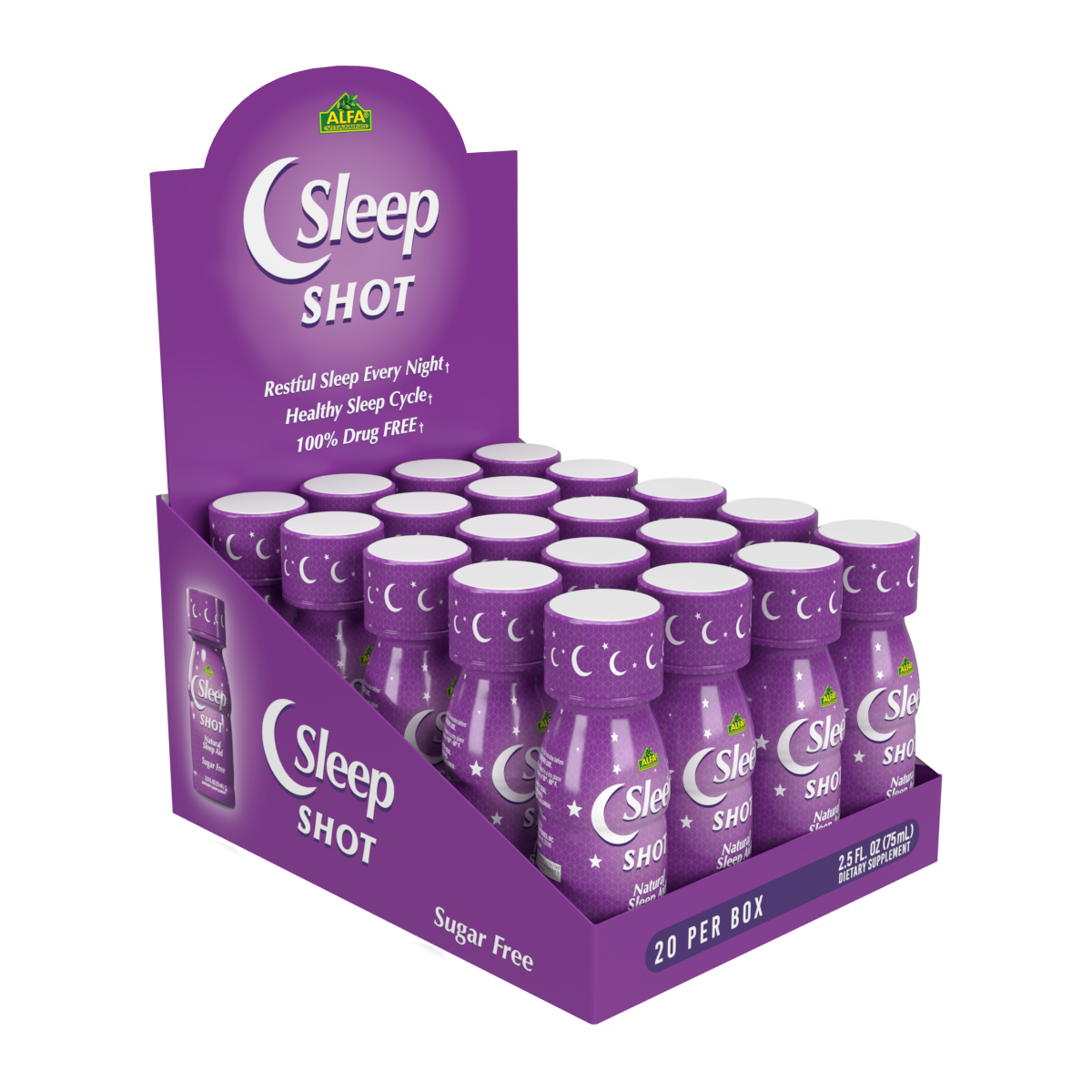 purple box of alfa vitamins Sleep Shot - 20 per box 