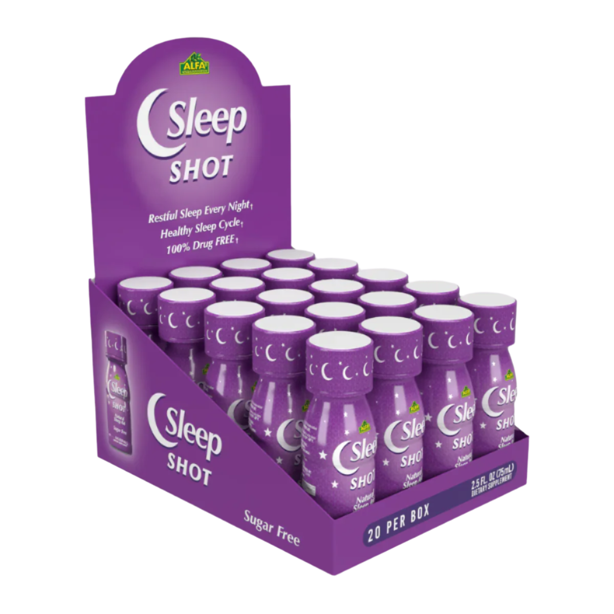 purple box of alfa vitamins Sleep Shot - 20 per box 