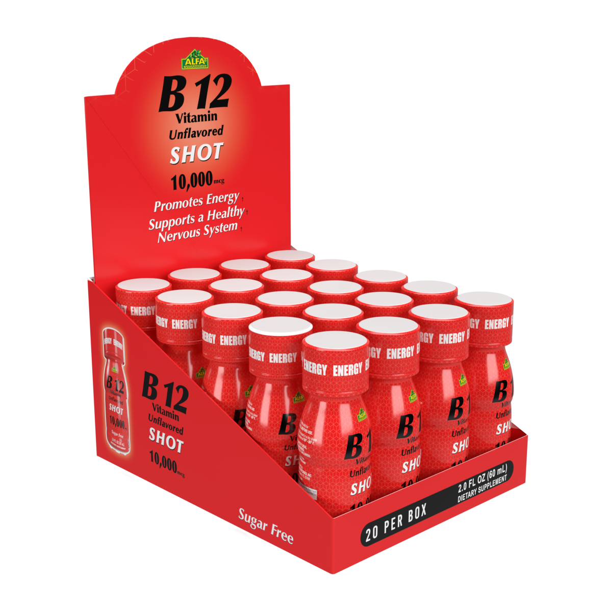 A red display box of 20 B12 Vitamin Shots by Alfa Vitamins, with 10,000 MCG each, promotes energy production and a healthy nervous system. The white and black text highlights benefits like improved cognitive function. Bottles are neatly arranged for your wellness journey.