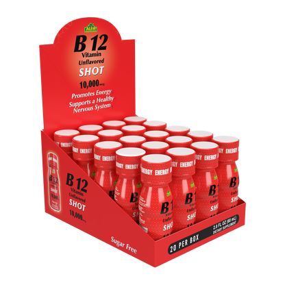 A red display box of 20 B12 Vitamin Shots by Alfa Vitamins, with 10,000 MCG each, promotes energy production and a healthy nervous system. The white and black text highlights benefits like improved cognitive function. Bottles are neatly arranged for your wellness journey.