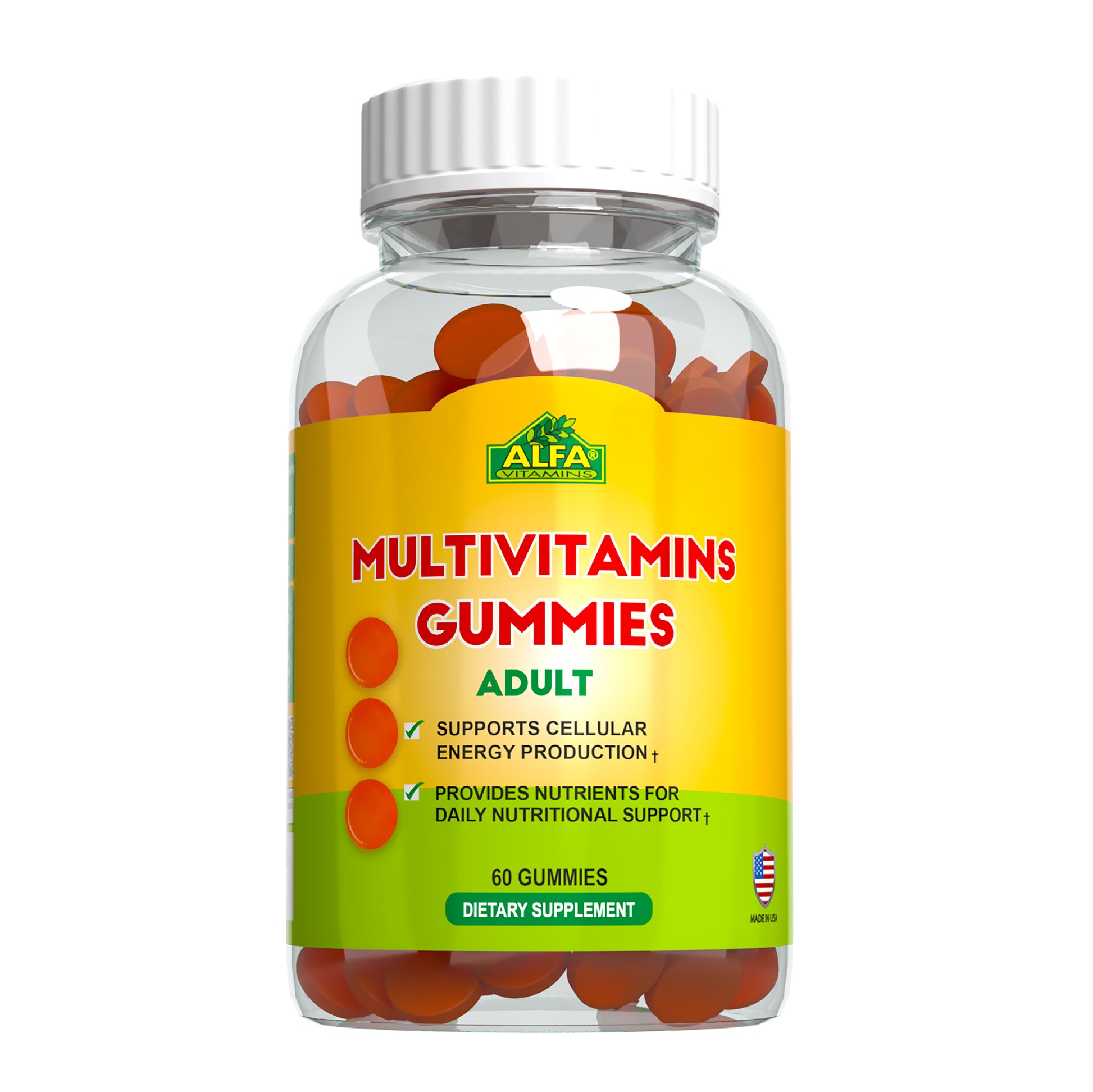 The Alfa Vitamins Stores MultiVitamins for Adults - Orange Flavor offers 60 gummies packed with essential vitamins and minerals to boost cellular energy and daily nutrition, featuring a USA flag that highlights its quality commitment.