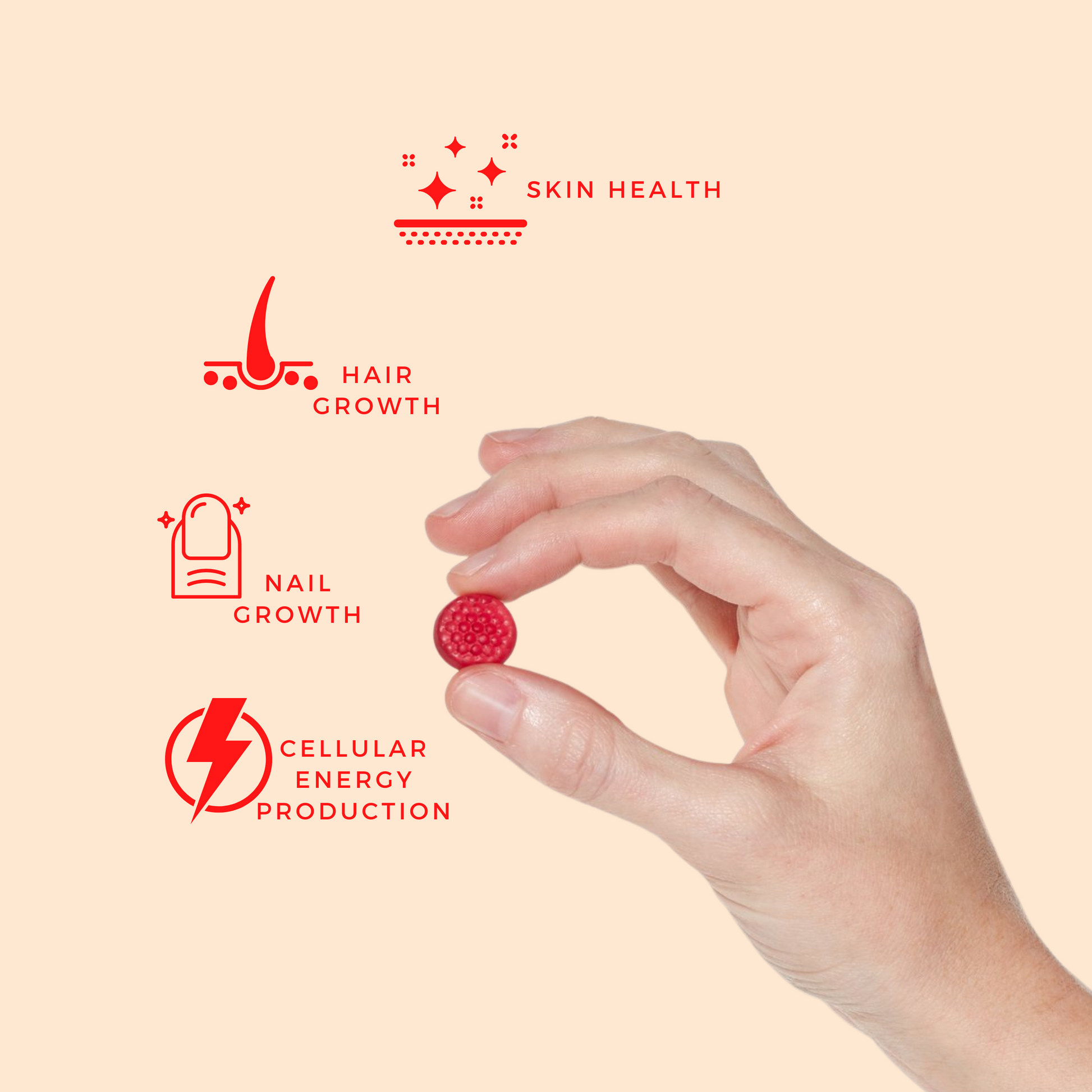 A hand holds a small red capsule from Alfa Vitamins Stores Biotin 5000mcg Adults - 60 Gummies. Icons and text highlight benefits like skin health, hair growth, nail strengthening, and energy production against a soft peach background, enhancing its appeal.