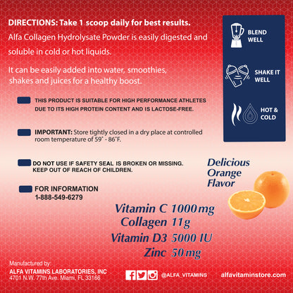 The label image for SuperC Immune Powder Formula by Alfa Vitamins, orange flavor 11oz, features red and blue design with white text. It includes product benefits like immune boost, usage directions, contact info, and oranges symbolizing the flavor enhanced with Vitamin C.