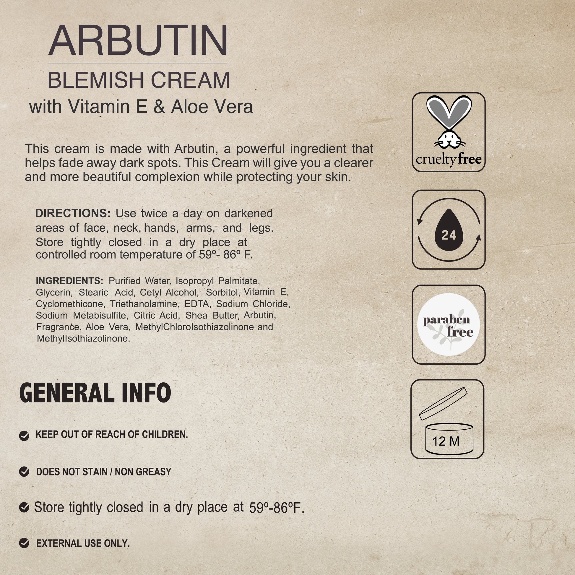 Image of a beige label for Arbutin Cream by Lawrens Cosmetics - 4 oz from Alfa Vitamins Store. Includes directions, ingredients, and icons for cruelty-free, paraben-free, 12-month shelf life, and sun protection.