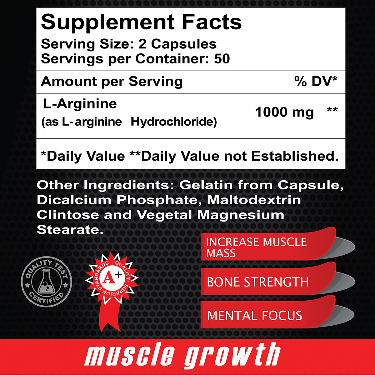 Supplement facts label for Alfa Vitamins Maximum L Arginine 1000 mg capsules. Image spotlights benefits: boosts muscle mass, bone strength, and mental focus via improved blood flow. Features nitric oxide certification seal with arrows pointing to benefits.