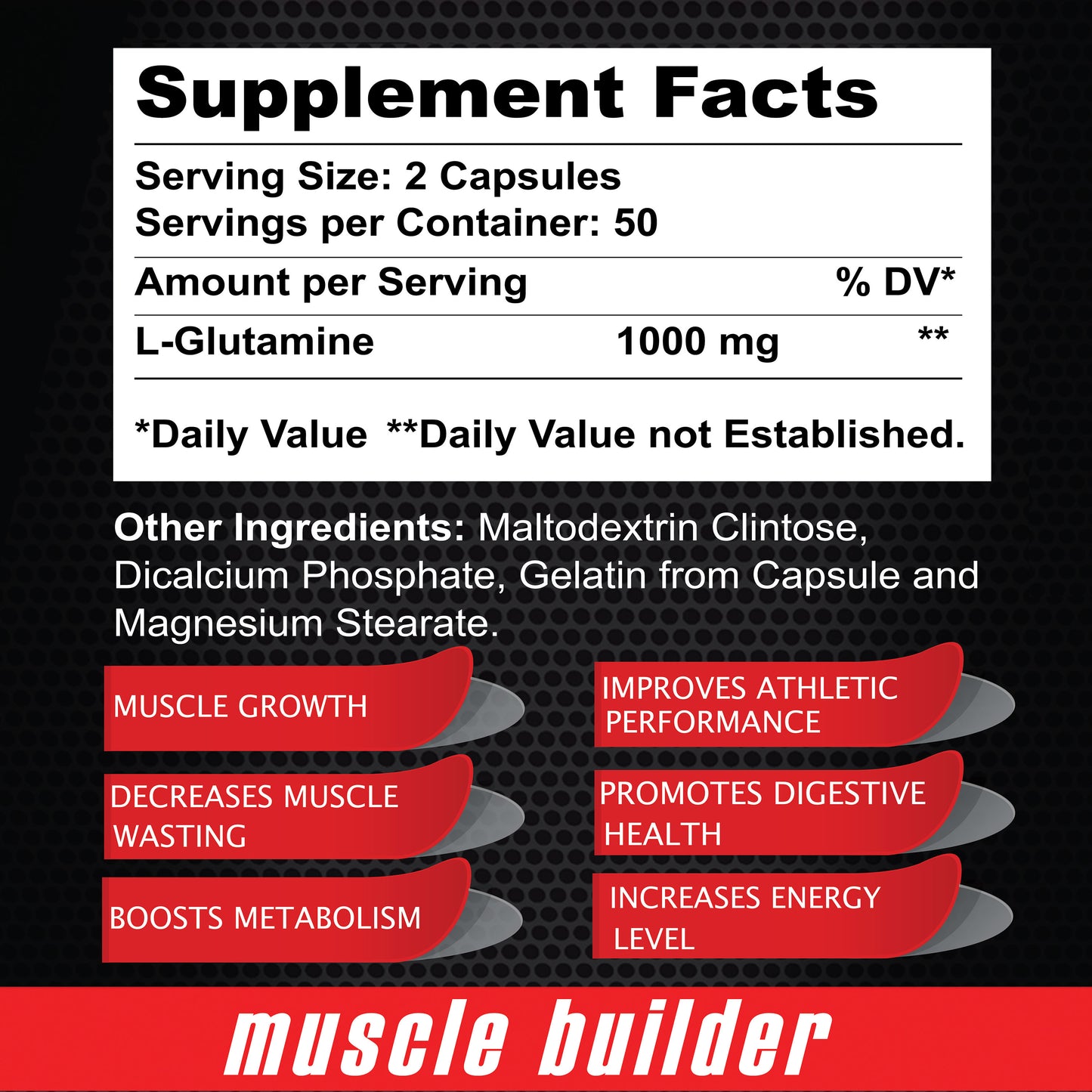 The supplement facts of Alfa Vitamins Maximum L-Glutamine 1000 mg (2 capsules per serving) highlight benefits like muscle growth, athletic performance, boosted metabolism, digestive health, and energy. It includes Maltodextrin for enhanced immune function. Comes in a bottle of 100 capsules.