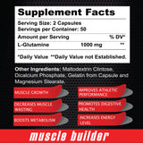 L-Glutamine Supplement Facts: 2 capsules, 50 servings, L-glutamine 1000 mg.