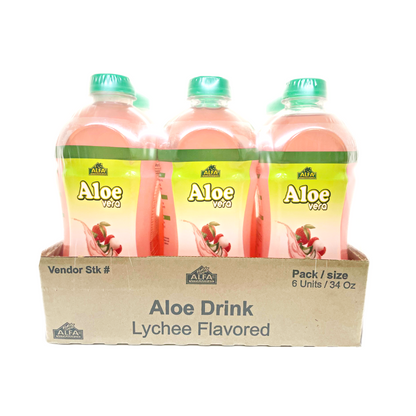 A pack of six 34 oz plastic bottles with green caps, labeled Aloe Vera Drink-Lychee by Alfa Vitamins, positioned as a superfood elixir to support digestion. The lychee-flavored drinks are displayed in a cardboard tray.